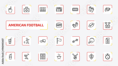 american football outline icon set. 25 linear vector for ui, web and mobile. thin line foam finger, first aid kit, lockers and more icons.