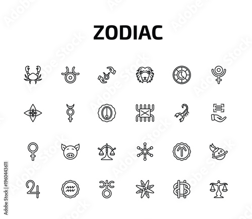 zodiac outline icon set. 24 linear vector for ui, web and mobile. thin line cancer, zinc, safety and more icons.