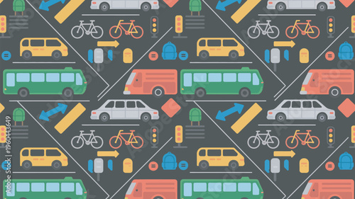 A colorful illustration of various vehicles and bicycles on a busy road with traffic signs and symbols.
