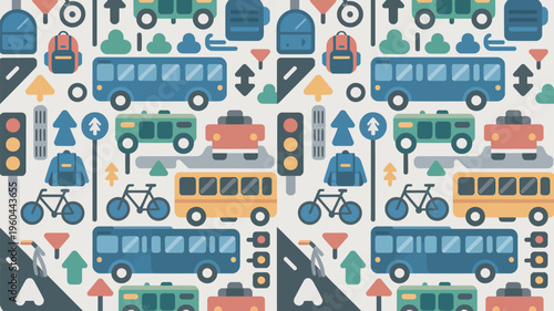A colorful illustration of various vehicles and traffic signs on a white background