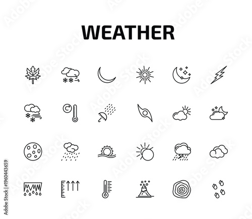 weather outline icon set. 24 linear vector for ui, web and mobile. thin line autumn, blizzard, new moon and more icons.