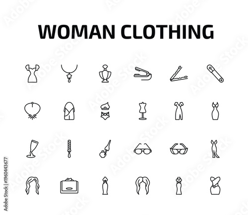 woman clothing outline icon set. 24 linear vector for ui, web and mobile. thin line female dress, star pendant, perfume bottle and more icons.