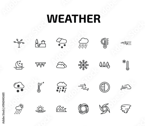 weather outline icon set. 24 linear vector for ui, web and mobile. thin line anemometer, earthquake, ice pellets and more icons.