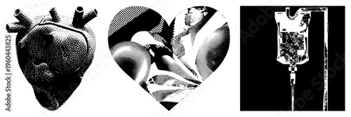 Heart anatomy illustration with arteries, halftone texture, IV drip bag, medical theme, vector graphic, black and white, isolated elements.