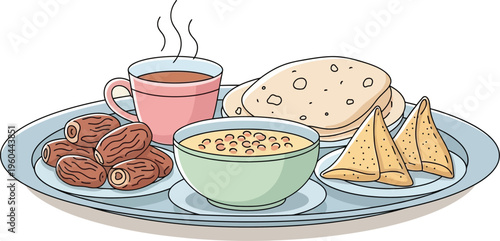 Illustrated traditional breakfast or iftar meal on a serving tray with dates, steaming tea, savory samosas, lentil soup, and flatbread.