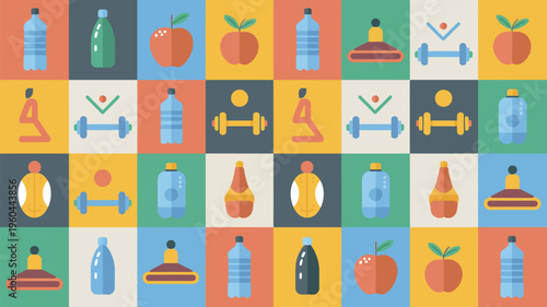 A vibrant and colorful illustration of healthy lifestyle icons including fitness and nutrition symbols.