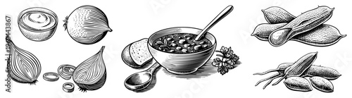 Artistic black and white illustration of onions, soup bowl, and legumes, rendered in detailed hatching and stippling. Ideal for culinary, vintage, or botanical design contexts.