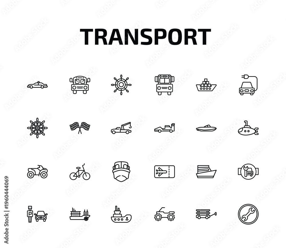 Fototapeta premium transport outline icon set. 24 linear vector for ui, web and mobile. thin line patrol car, school bus empty, ship wheel and more icons.