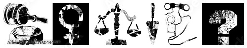 Legal gavel, female gender symbol, scales of justice, handcuffs, question mark abstract legal concepts, courtroom, symbolic representation, conceptual design.
