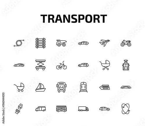 transport outline icon set. 24 linear vector for ui, web and mobile. thin line recirculation, railway line, haul and more icons.