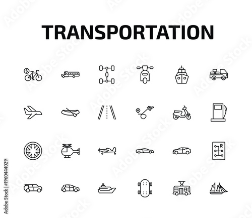 transportation outline icon set. 24 linear vector for ui, web and mobile. thin line bicycle rental, school bus, chassis and more icons.