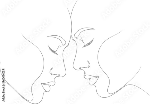 Minimalist continuous line drawing depicting two faces almost touching in an intimate moment of connection