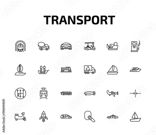 transport outline icon set. 24 linear vector for ui, web and mobile. thin line train in a tunnel, cement truck, car frontal view and more icons.