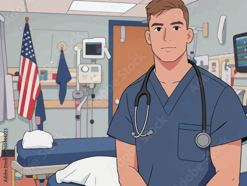 Medical professional stands in a hospital room with equipment and an American flag on display during working hours