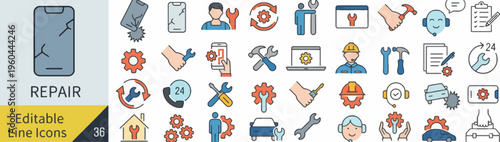 set of editable line icons for repair and maintenance services vector illustration