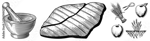 Etched stone slab with hieroglyphs, wheat sheaves,, and pruning shears, rustic illustration, historical artifact, engraved tablet, vintage design.