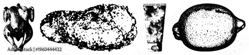 Black and white halftone vector set featuring chicken, sponge, toothpaste, lemon isolated objects, textured, graphic design elements.