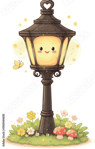 Adobe Illustrator Artwork old-fashioned street lamp with soft glow and face BOOK COVER CLIP ART.