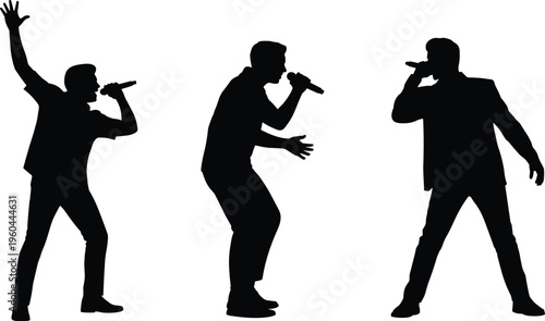 Set of male singer silhouettes performing with microphones including various energetic stage poses isolated on white background for live music concepts