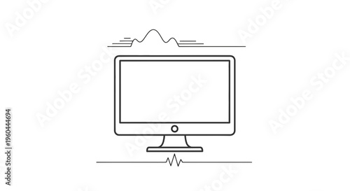 Minimalist line art illustration of a desktop computer display with abstract waveform data signals