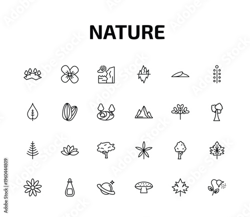 nature outline icon set. 24 linear vector for ui, web and mobile. thin line mountains with trees, wallflower, cliff and more icons.