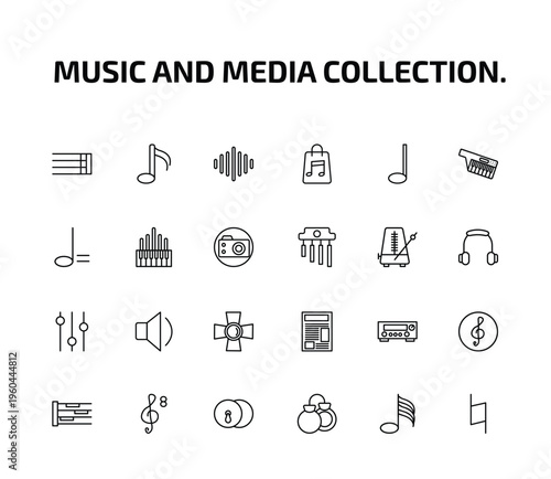music and media collection. outline icon set. 24 linear vector for ui, web and mobile. thin line bold double bar line, sixteenth note, acoustic and more icons.
