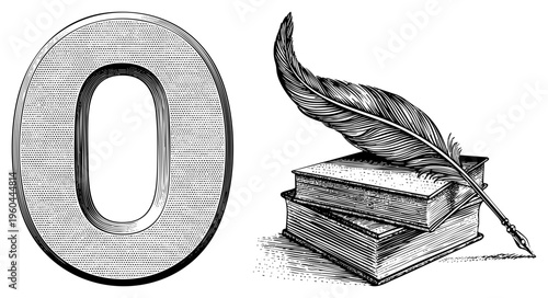 Classic typography letter O with halftone texture, quill pen atop books, vintage illustration, educational, academic symbol.