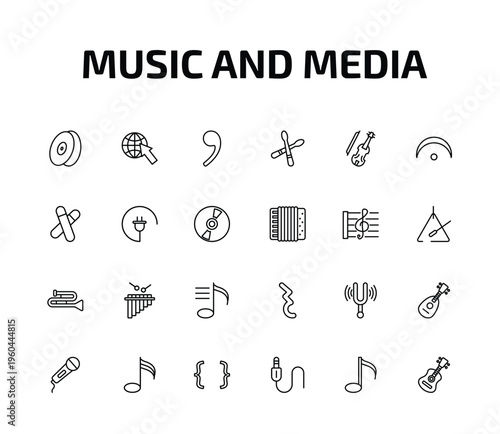 music and media outline icon set. 24 linear vector for ui, web and mobile. thin line cymbal, globe with pointer, breath mark and more icons.