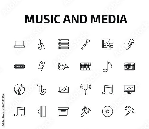 music and media outline icon set. 24 linear vector for ui, web and mobile. thin line half rest, violoncello, dotted barline and more icons.