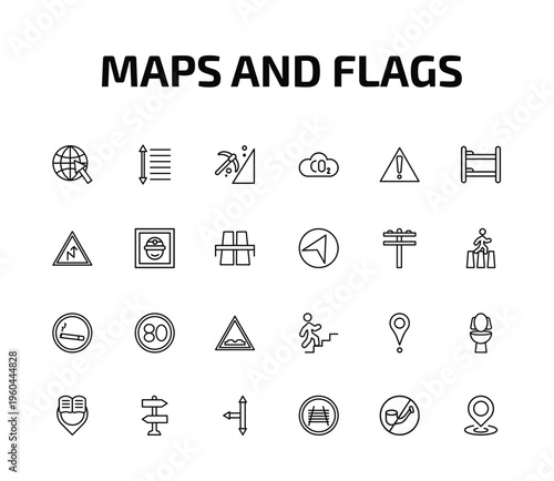 maps and flags outline icon set. 24 linear vector for ui, web and mobile. thin line arrow on globe, spacing, mining work zone and more icons.