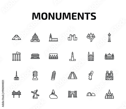 monuments outline icon set. 24 linear vector for ui, web and mobile. thin line pyramid of the magician, united states capitol, russia and more icons.