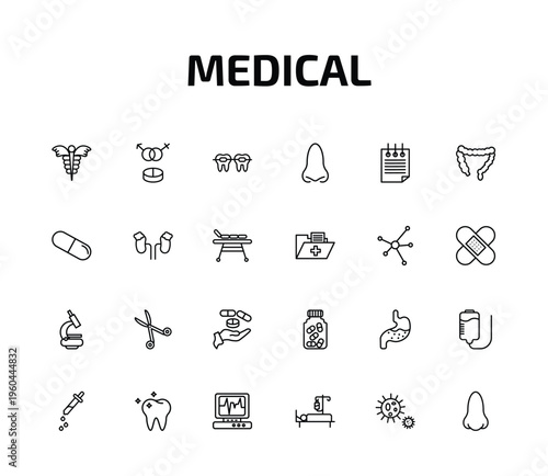 medical outline icon set. 24 linear vector for ui, web and mobile. thin line caduceus, united heterosexual, braces and more icons.