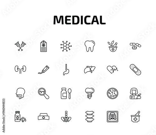 medical outline icon set. 24 linear vector for ui, web and mobile. thin line crutches couple, medical records, molecular configuration and more icons.