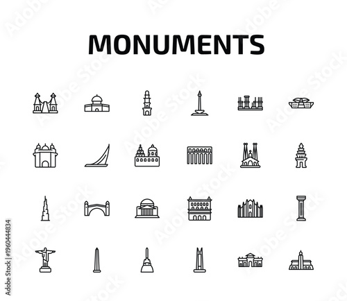 monuments outline icon set. 24 linear vector for ui, web and mobile. thin line bridge of the west, dome of the rock, the clock tower and more icons.