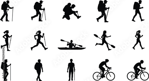 Set of outdoor adventure silhouettes including hiking with backpacks trekking with poles cycling kayaking and running isolated on white background