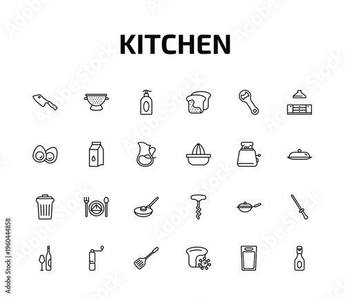 kitchen outline icon set. 24 linear vector for ui, web and mobile. thin line cleaver, nder, liquid soap and more icons.