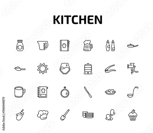 kitchen outline icon set. 24 linear vector for ui, web and mobile. thin line jar, measuring cup, recipe book and more icons.