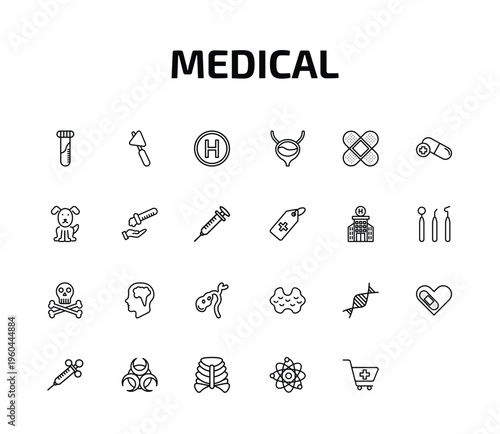 medical outline icon set. 24 linear vector for ui, web and mobile. thin line blood sample, medical hammer tool, heliport and more icons.