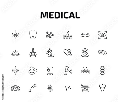 medical outline icon set. 24 linear vector for ui, web and mobile. thin line femur, tooth, three hexagons cell and more icons.