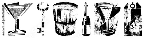 Graphic stylized drinks including martini glass, ice bucket, champagne bottle, flute glass, and bottle with cork rendered in high contrast halftone textures, ideal for bar or party design.