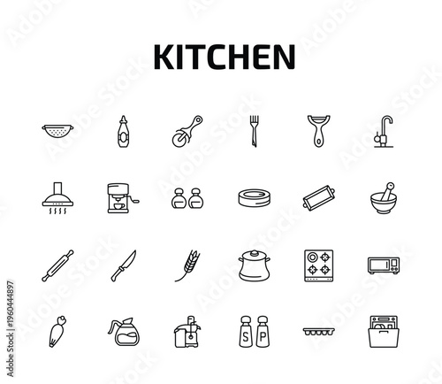 kitchen outline icon set. 24 linear vector for ui, web and mobile. thin line strainer, sauce, pizza cutter and more icons.