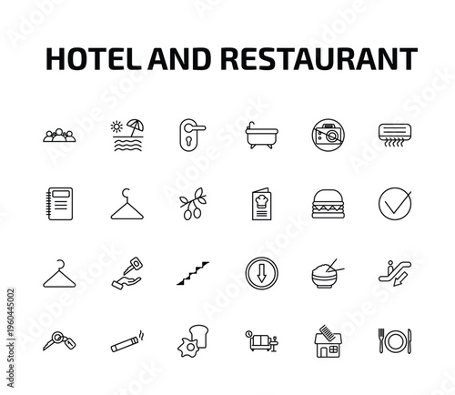 hotel and restaurant outline icon set. 24 linear vector for ui, web and mobile. thin line people, beach, doorknob and more icons.
