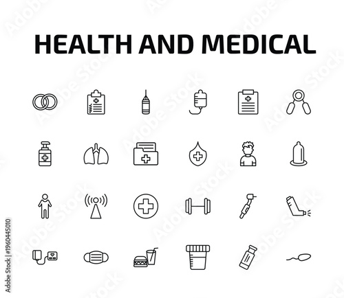 health and medical outline icon set. 24 linear vector for ui, web and mobile. thin line rings, medical checklist, punching bag and more icons.