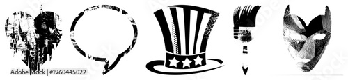 Vector with distressed textures broken heart, speech bubble, Uncle Sam hat, stylized face mask. Black and white halftone style, graphic design elements.
