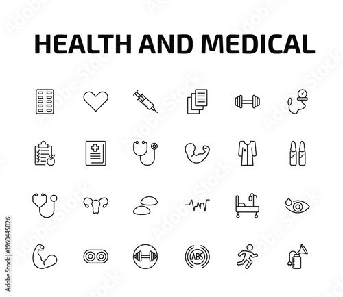 health and medical outline icon set. 24 linear vector for ui, web and mobile. thin line medical strip, heart, injection and more icons.