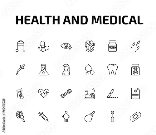 health and medical outline icon set. 24 linear vector for ui, web and mobile. thin line medical walker, antibiotics, ophthalmology and more icons.