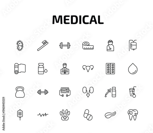 medical outline icon set. 24 linear vector for ui, web and mobile. thin line microbe, tooth brush, dumbbell and more icons.