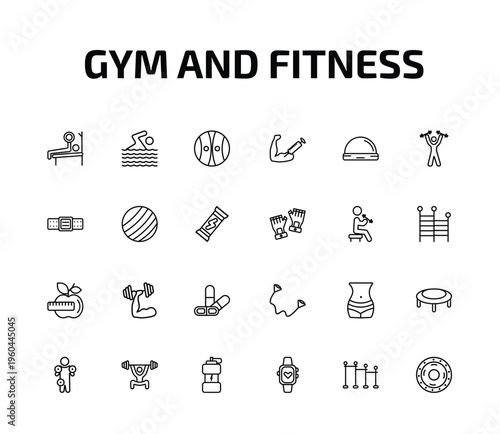 gym and fitness outline icon set. 24 linear vector for ui, web and mobile. thin line press, man swimming, power ball and more icons.