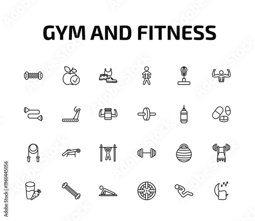 gym and fitness outline icon set. 24 linear vector for ui, web and mobile. thin line resistance, good diet, sport wear and more icons.