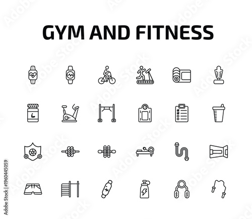 gym and fitness outline icon set. 24 linear vector for ui, web and mobile. thin line pulsometer, fitness watch, riding bicycle and more icons.